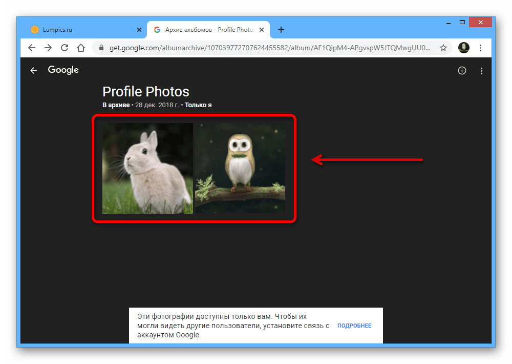 Выбор удаляемой фотографии профиля в Архиве альбомов Google на ПК