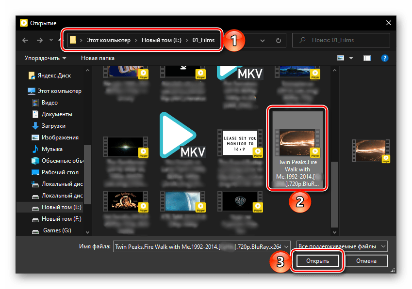 Выбор видеофайла MKV для вопроизведения в программе Daum PotPlayer