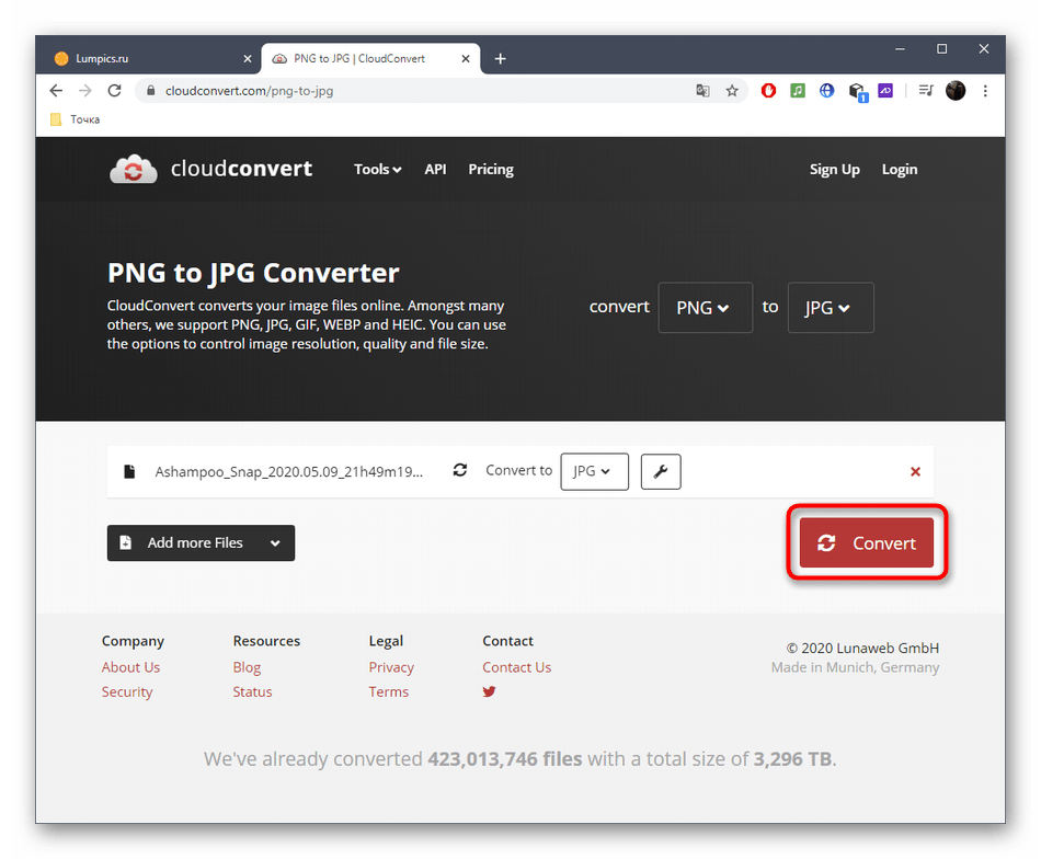 Запуск конвертирования файла в JPG через онлайн-сервис CloudConvert