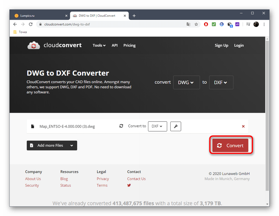 Запуск процесса конвертирования DWG в DXF через онлайн-сервис CloudConvert
