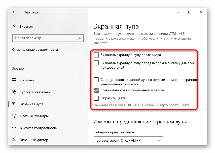 Дополнительные параметры экранной лупы в меню Параметры Windows 10