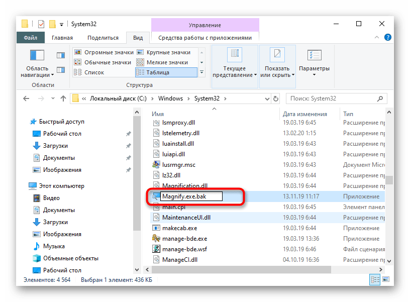 Отключение экранной лупы путем изменения файла в Windows 10