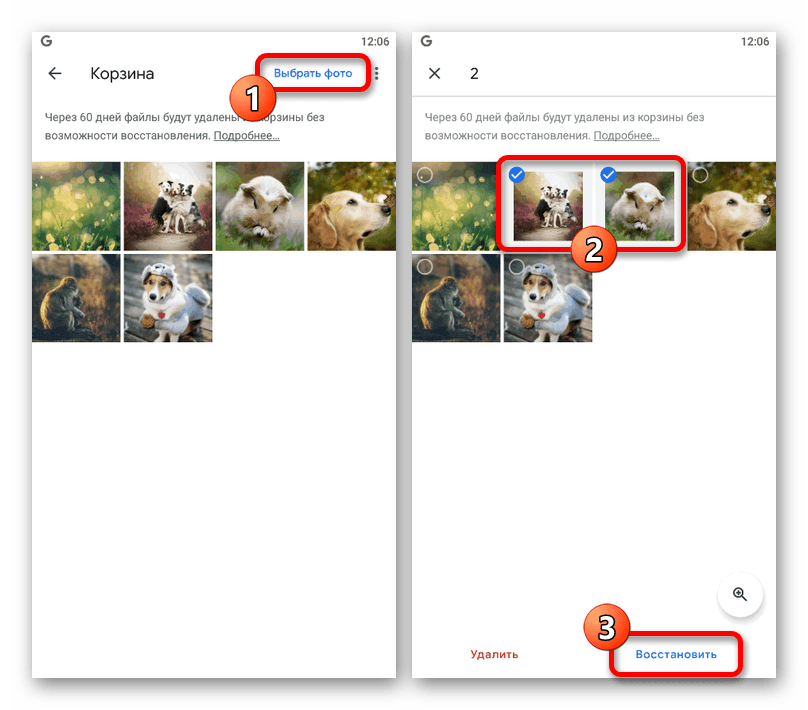 Процесс выделения изображений в корзине в приложении Google Фото