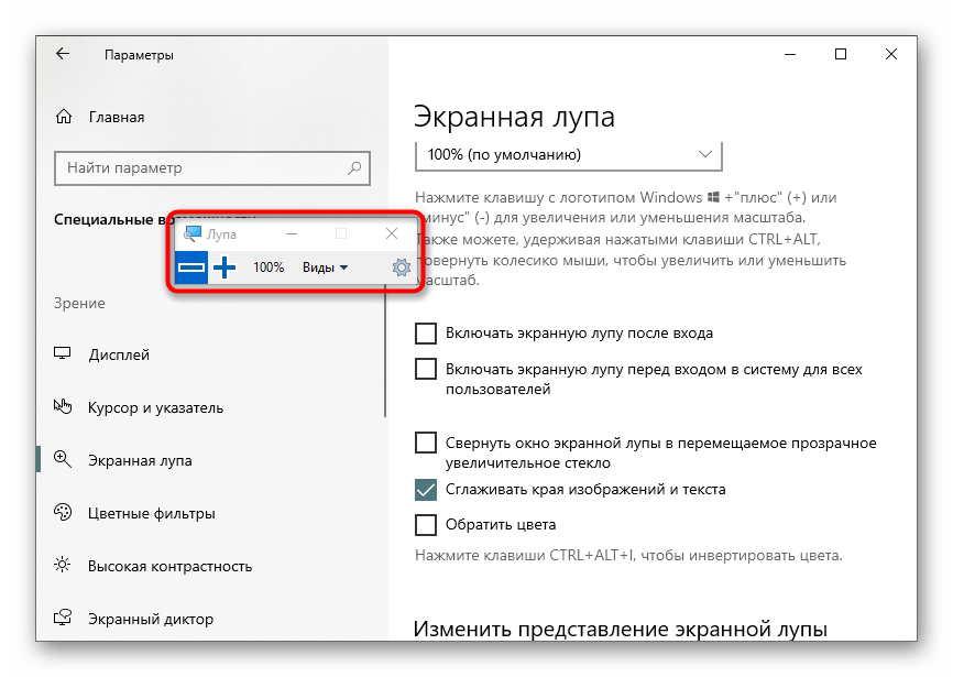 Успешное включение функции Экранная лупа в Windows 10