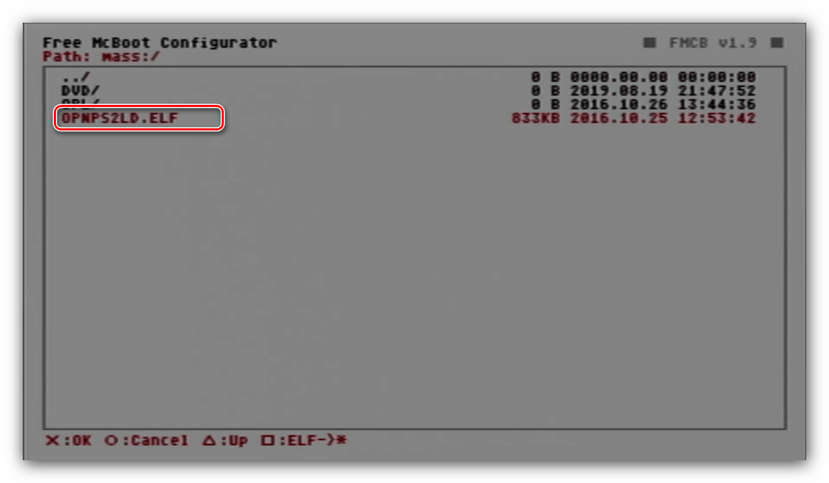 Выбрать исполняемый файл OPL для запуска игр с USB накопителя на PlayStation 2
