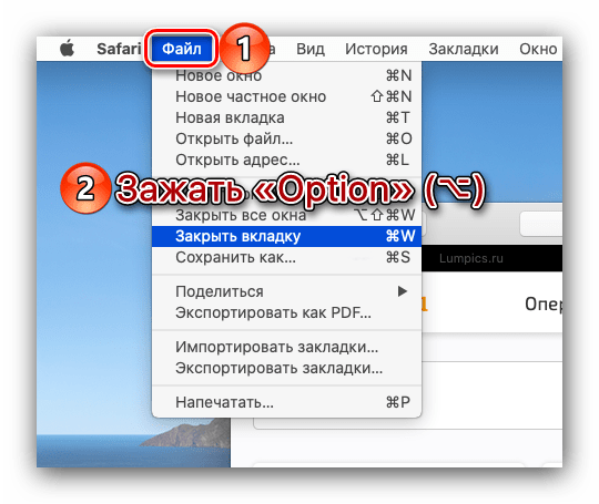 Вызов меню Файл для закрытия вкладок в браузере Safari на macOS
