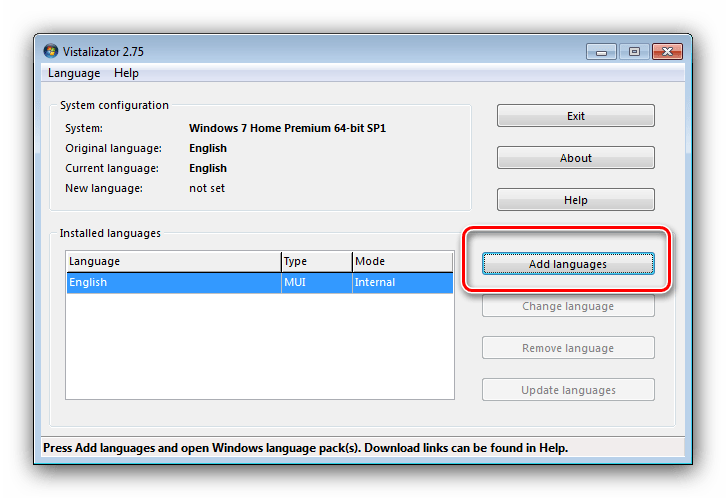 Начать работу с утилиттой для изменения языка в Windows 7 посредством Vistalizator