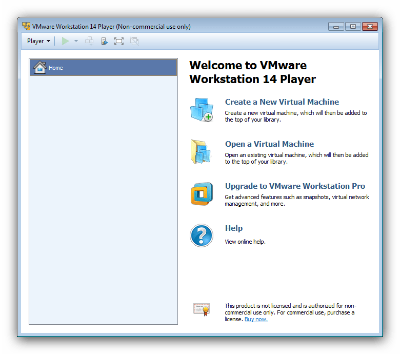 Основное меню эмулятора XP для Windows 7 VMware Workstation Player