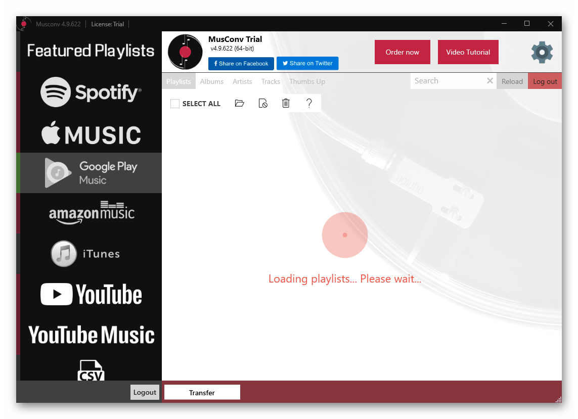 Ожидание загрузки плейлистов из источника для переноса музыки из Google Play Музыки в Spotify в программе MusConv