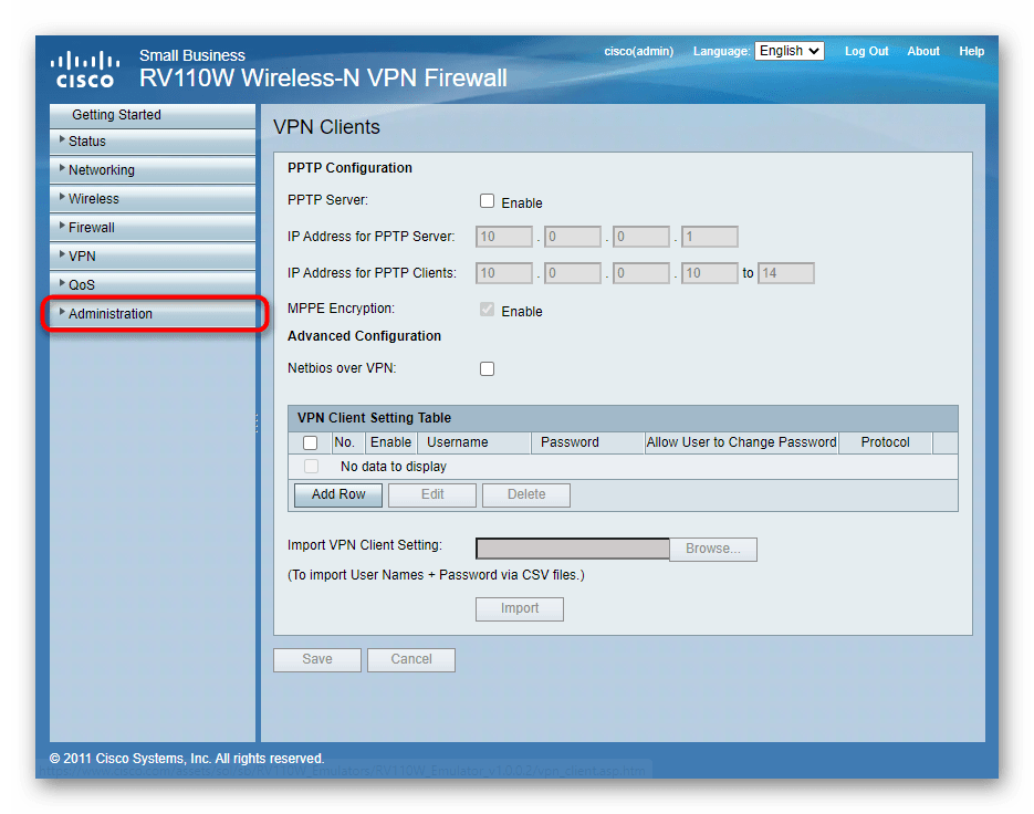 Переход к настройкам администрирования в веб-интерфейсе роутера Cisco