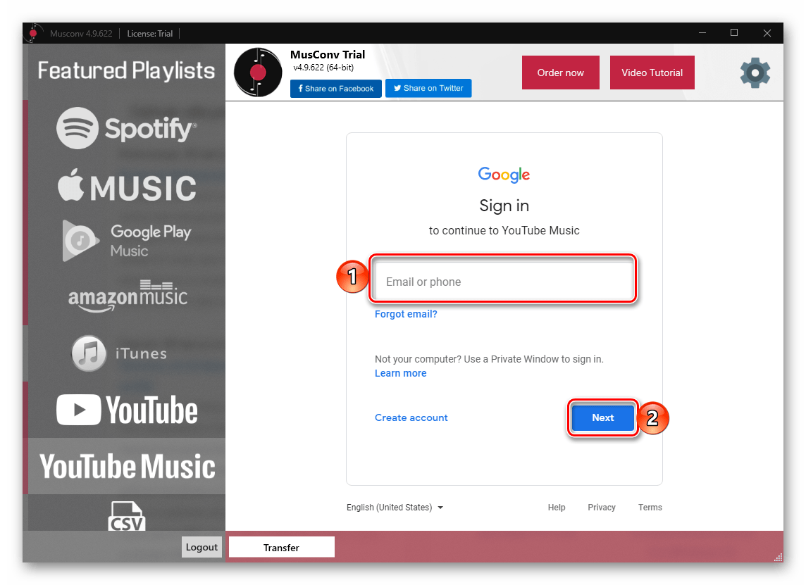 Подключение аккаунта источника для переноса музыки из YouTube в Spotify в программе MusConv