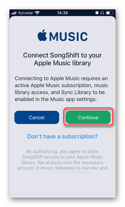 Подключить в приложении SongShift сервис Apple Music для переноса музыки в Spotify на iPhone