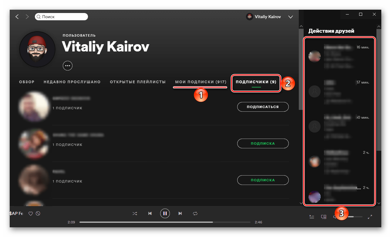 Просмотр подписок и действий друзей в программе Spotify для ПК