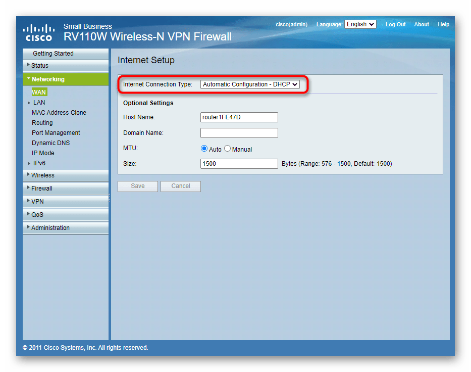 Выбор автоматического подключения при настройках сети в веб-интерфейсе роутера Cisco