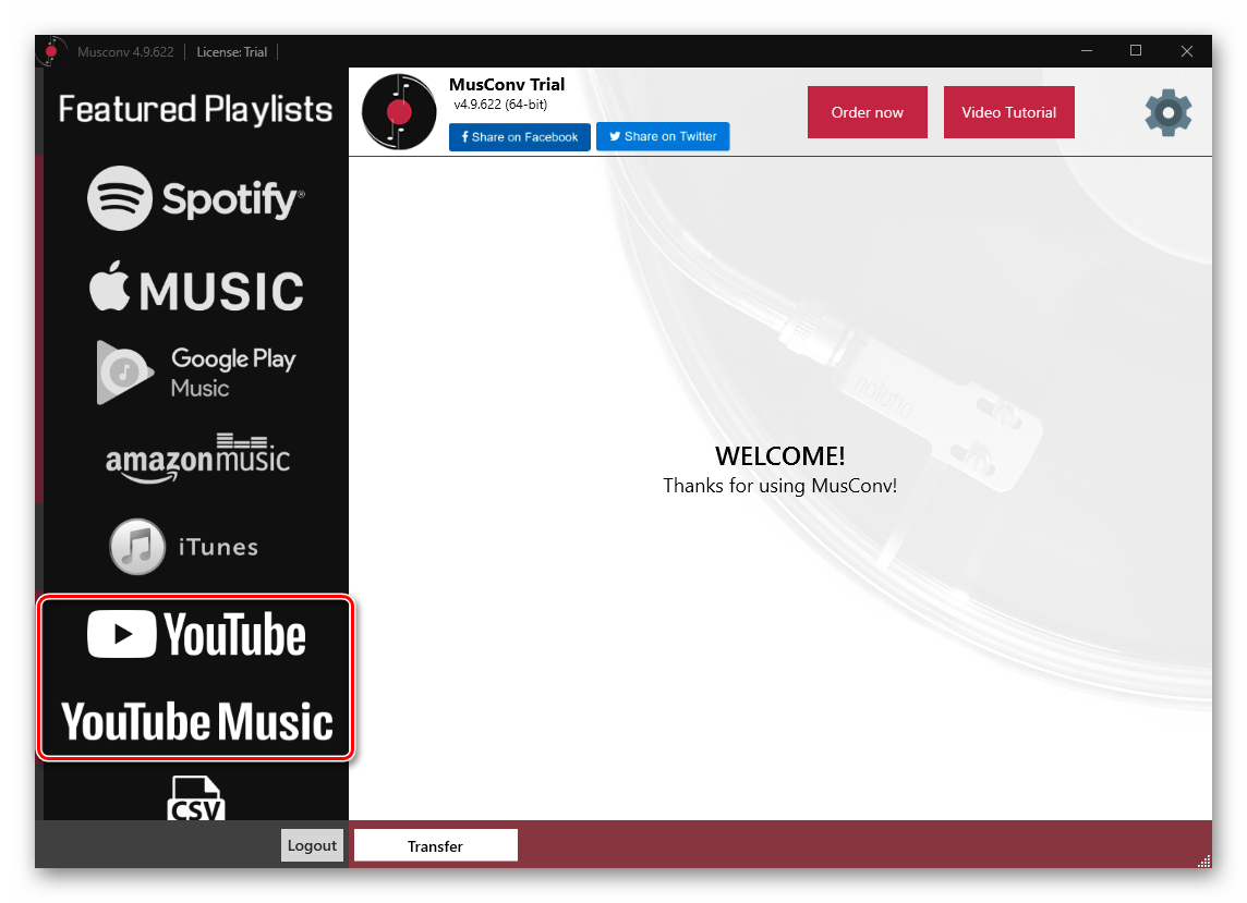 Выбор источника для переноса музыки из YouTube в Spotify в программе MusConv