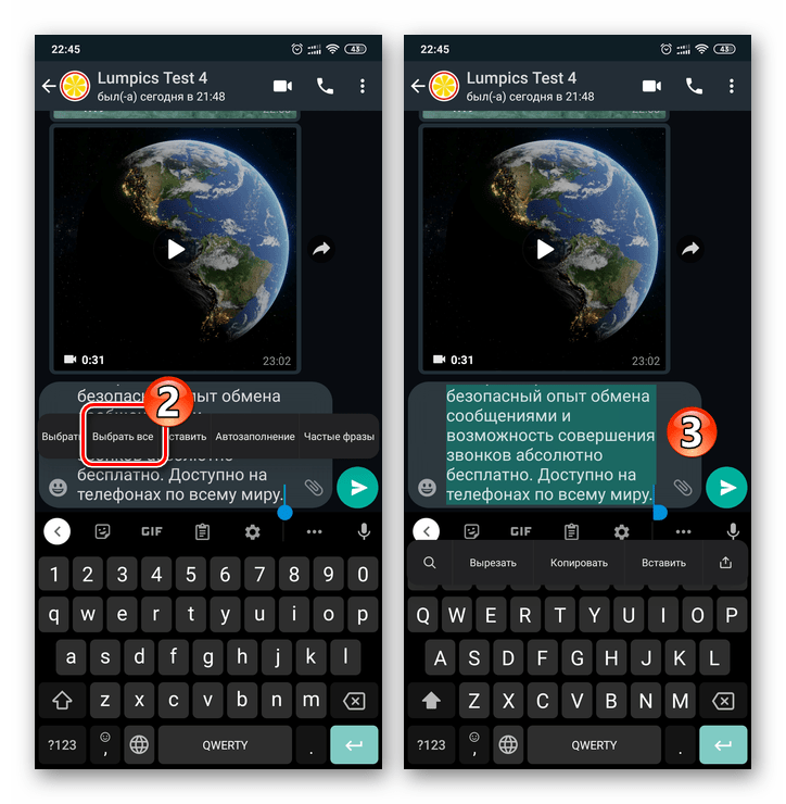 WhatsApp для Android как выделить весь текст сообщения до его отправки через мессенджер