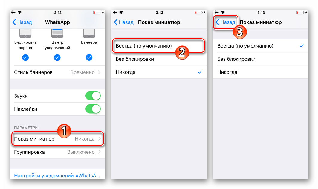 WhatsApp для iPhone конфигурирование показа уведомлений-миниатюр мессенджером в Настройках iOS