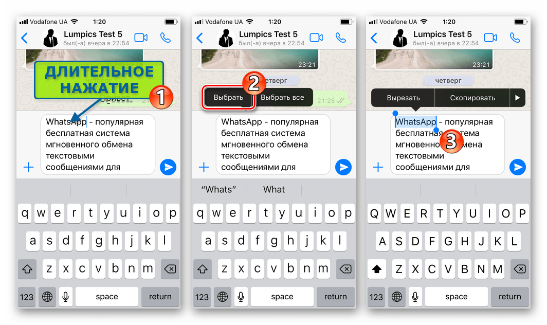 WhatsApp для iPhone выделение слова в сообщении через контекстное меню