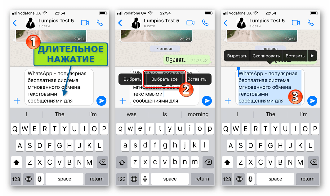 WhatsApp для iPhone выделение всего текста сообщения перед его отправкой через мессенджер