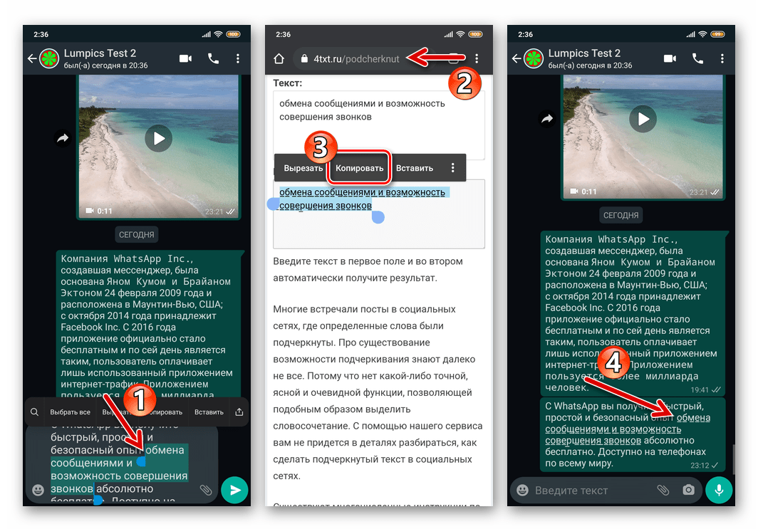 WhatsApp как подчеркнуть текст передаваемого через мессенджер сообщения