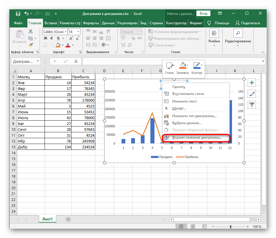 Переход к настройкам формата названия диаграммы через контекстное меню в Excel