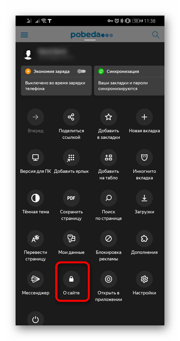 Переход в просмотр информации о сайте через меню мобильного Яндекс.Браузера