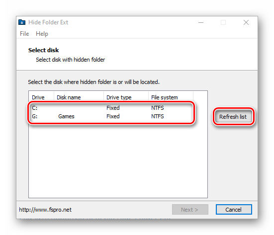 Список подключенных дисков в окне программы Hide Folder Ext