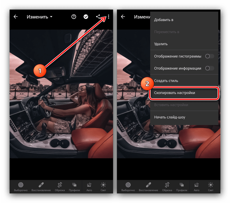 Копировать настройки со снимка для установки пресета в Adobe Lightroom на Android