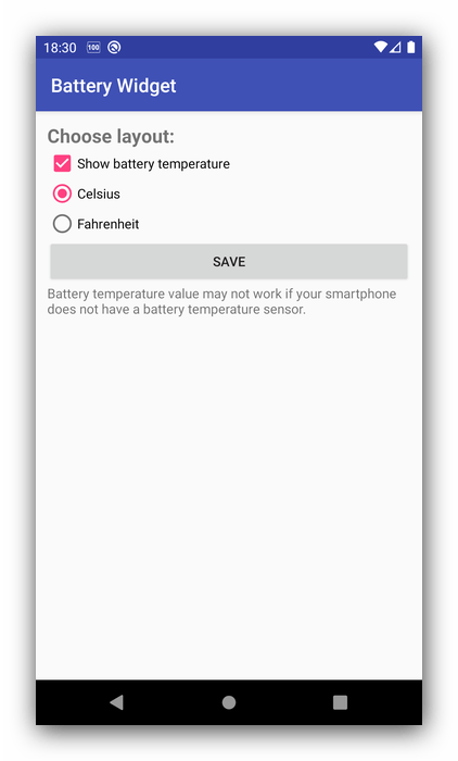 Отображение опций в приложении виджетов батареи для Android Batterie Widget