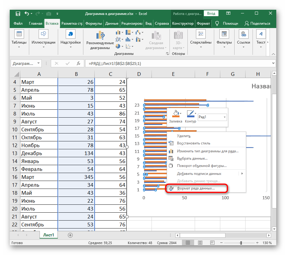 Переход к редактированию рядов трехмерной линейчатой диаграммы в Excel