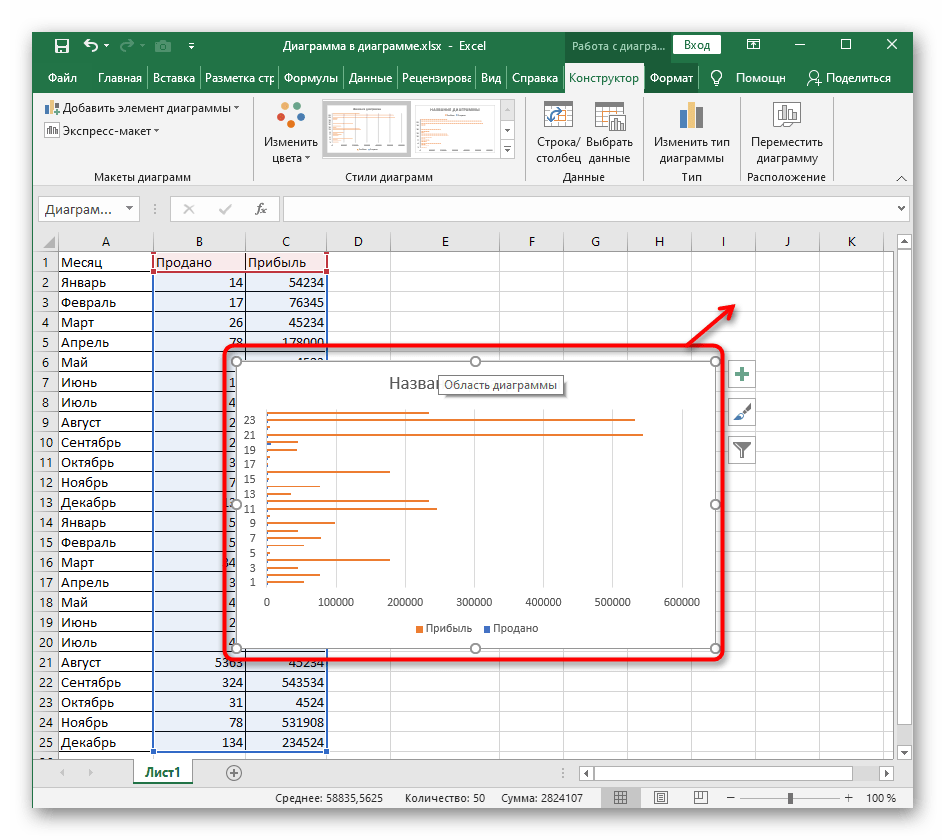 Перенос диаграммы в удобную область таблицы после ее создания в Excel