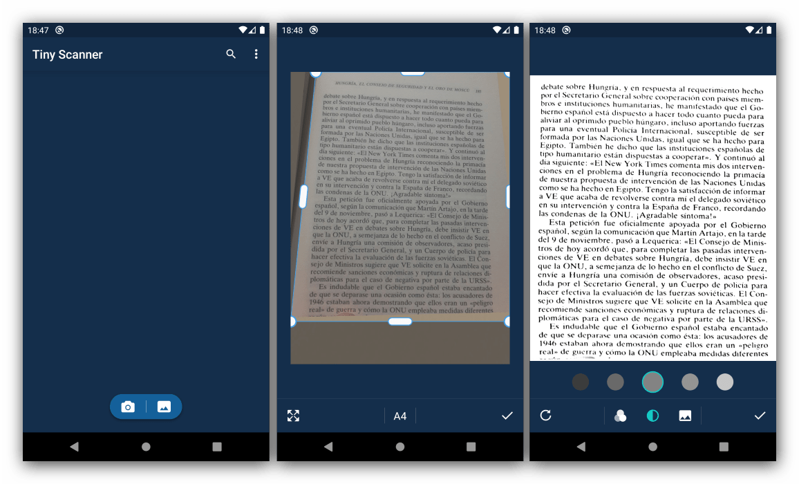 Получение и редактирование снимка в программе для сканирования документов на Android Tiny Scanner
