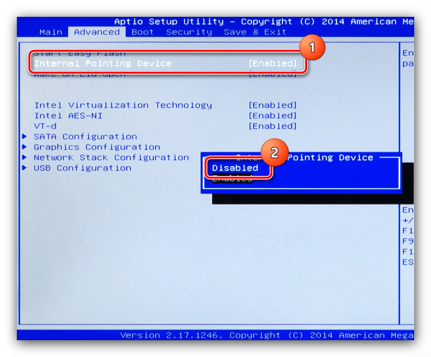 Установить параметр в BIOS для отключения тачпада на ноутбуках MSI