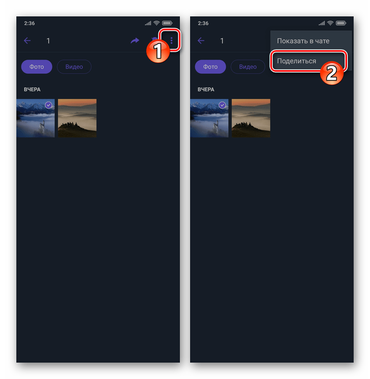 Viber для Android - вызов опции Поделиться в Галере медиа чата мессенджера