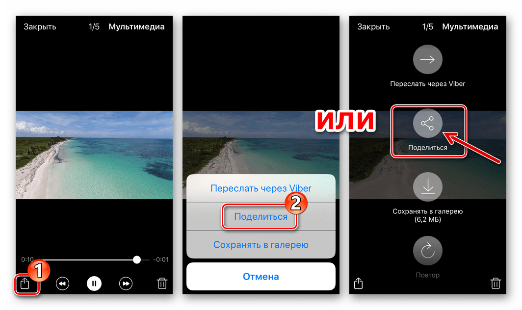 Viber для iPhone - вызов функции Поделиться для полученного в мессенджере фото или видео
