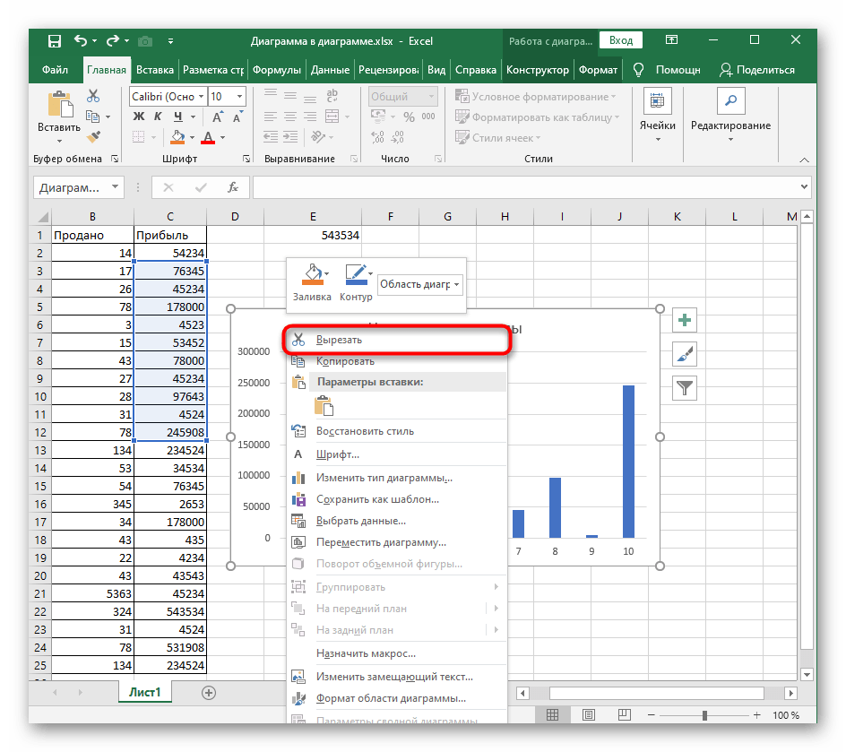 Выбор инструмента Вырезать через контекстное меню для удаления диаграммы в Excel