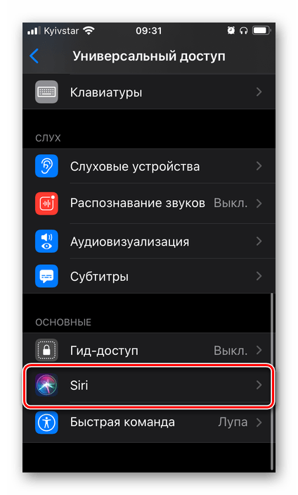 Выбор Сири в параметрах Универсального доступа для голосового ассистента Siri в настройках iOS на iPhone