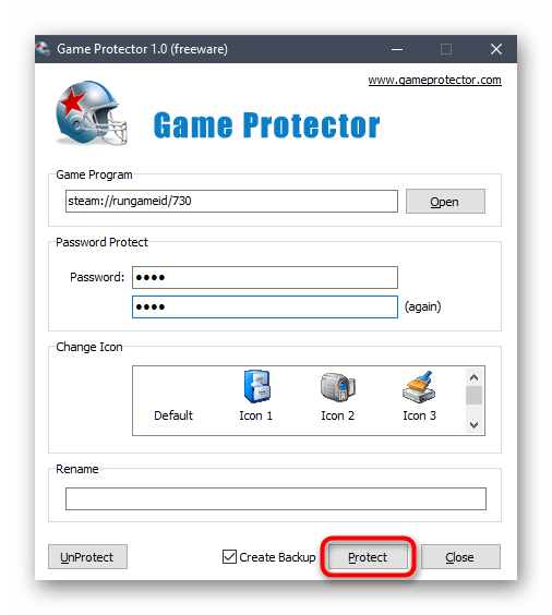Активация защиты игры паролем при помощи программы Game Protector в Windows 10