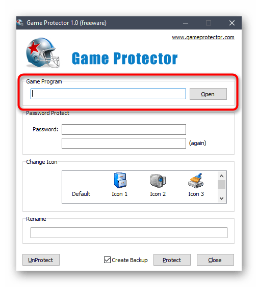 Переход к выбору игры для установки пароля через программу Game Protector в Windows 10