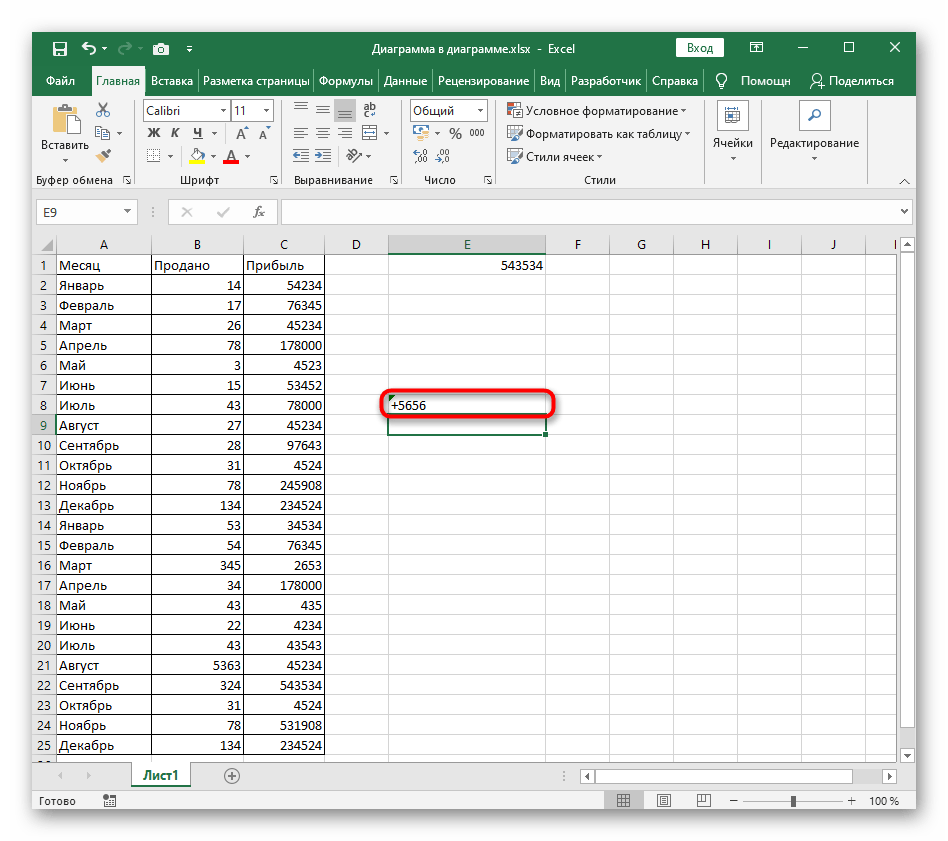 Результат добавления плюса к ячейке после изменения формата на текстовый в Excel
