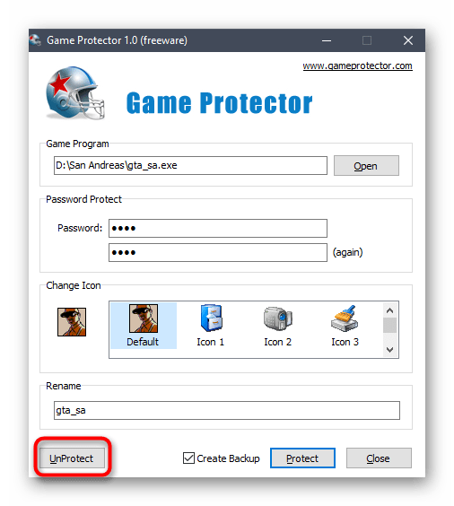 Сброс защиты паролем игры через программу Game Protector в Windows 10