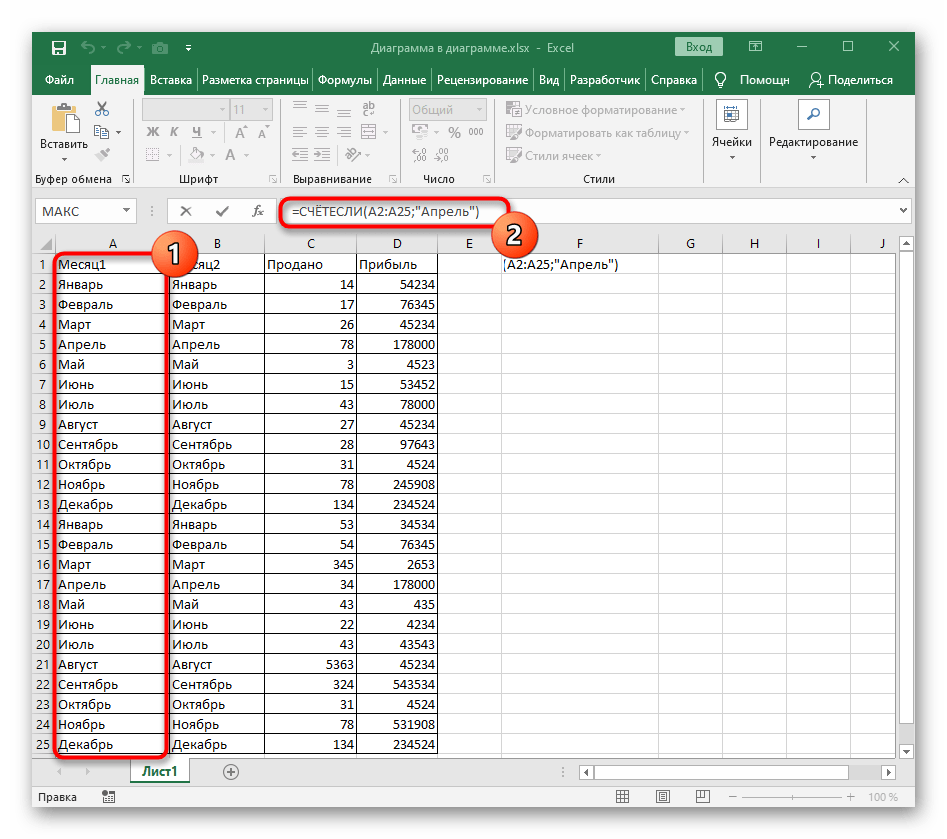 Создание первой части функции СЧЁТЕСЛИ в Excel для примера нескольких текстовых условий