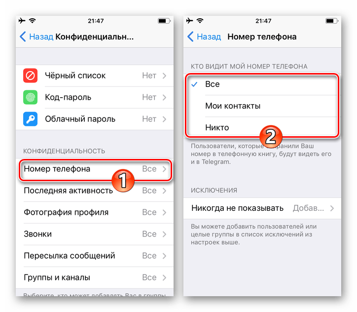 Telegram для iPhone - экран настройки видимости своего номера в мессенджере, выбор категорий пользователей с доступом к просмотру