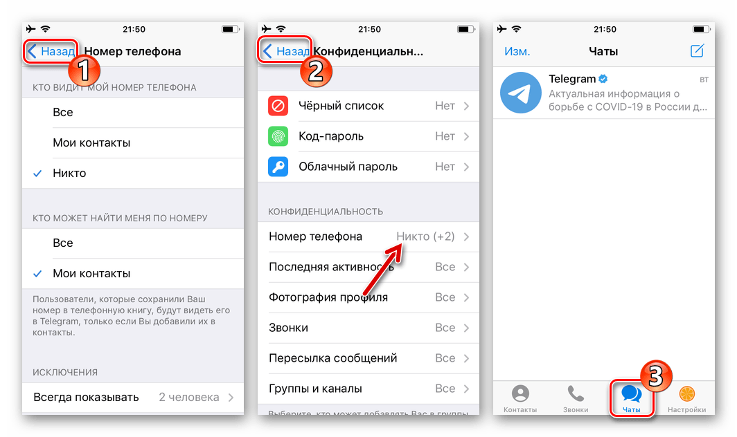 Telegram для iPhone - сохранение внесенных в параметры Конфиденциальность номера изменений, выход из Настроек мессенджера