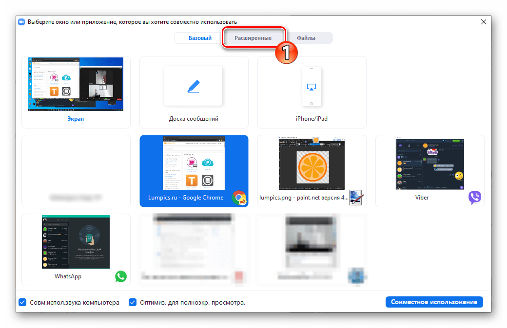 Zoom для Windows Демонстрация экрана - вкладка Расширенные в окне выбора объекта демонстрации