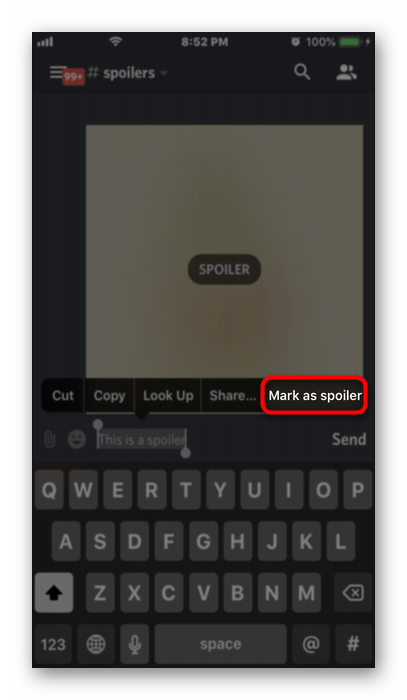 Контекстное меню для создания спойлера в мобильном приложении Discord для iOS