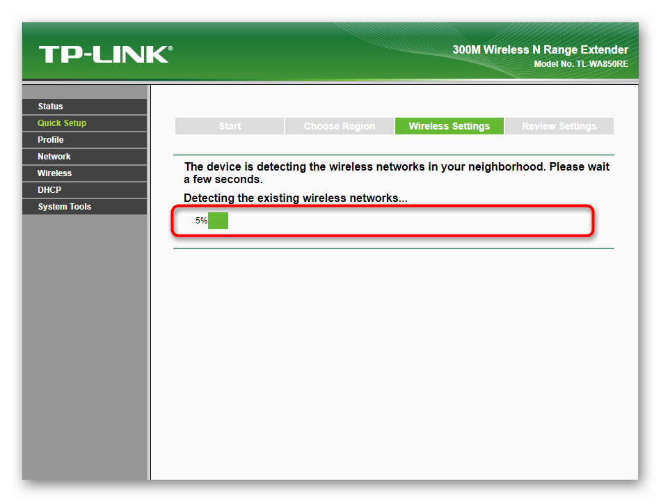 Процесс сканирования доступных сетей при быстрой настройке усилителя TP-Link TL-WA850RE v1.2