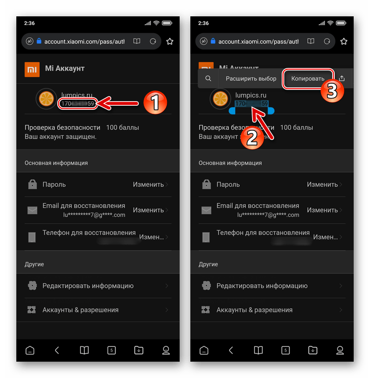 Xiaomi MIUI демонстрация ID Mi аккаунта на веб-странице профиля, копирование идентификатора в буфер обмена ОС
