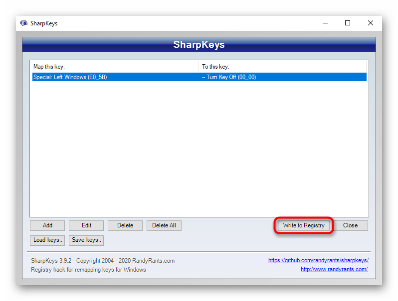 Добавление записи в реестр об отключение клавиши Windows через программу SharpKeys