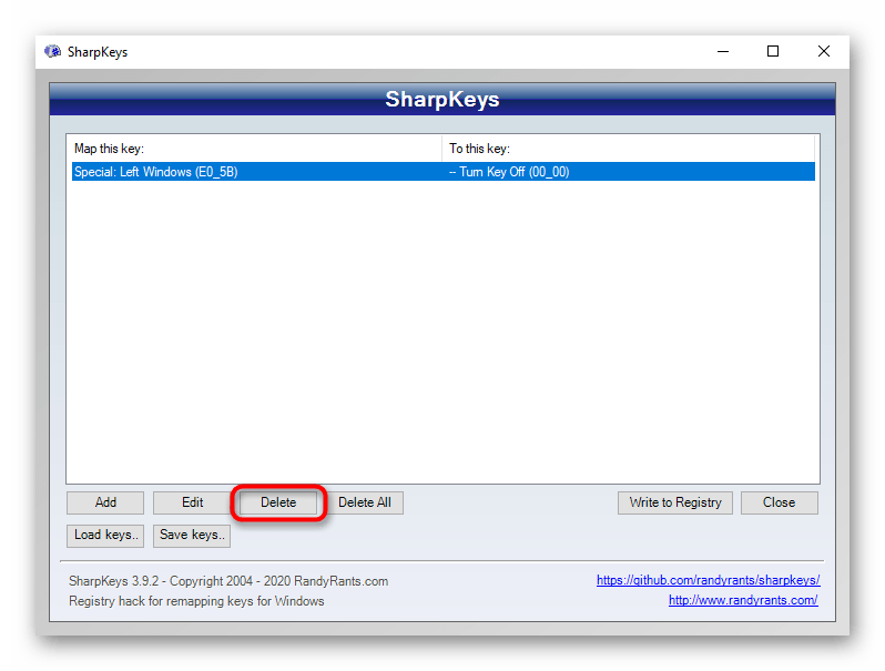 Удаление значения об отключенной клавише Windows из программы SharpKeys